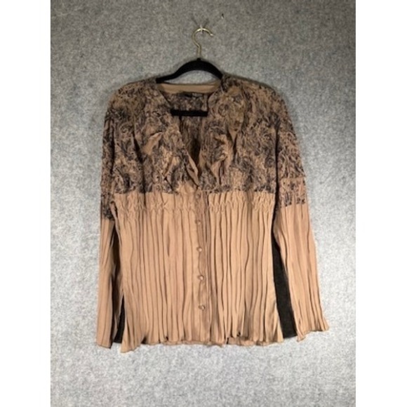 Ness Blouse Medium Brown Regency Ruffle Neck Long Sleeve Button Down retro - Picture 2 of 7